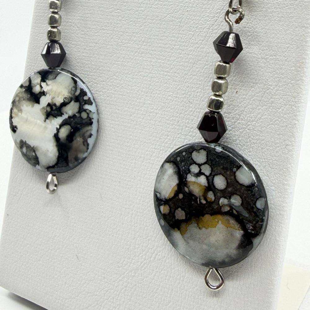Black White Speckled Stone Dangle Earrings Gothic Boho Statement Jewelry - Picture 6 of 9